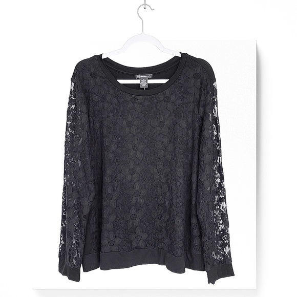 Adrianna Papell Floral Lace Overlay Front Sweatshirt Long Sleeves Round Neck - Picture 1 of 10